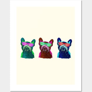 French bulldogs with colorfull psychelic glasses,  80s style neon Posters and Art